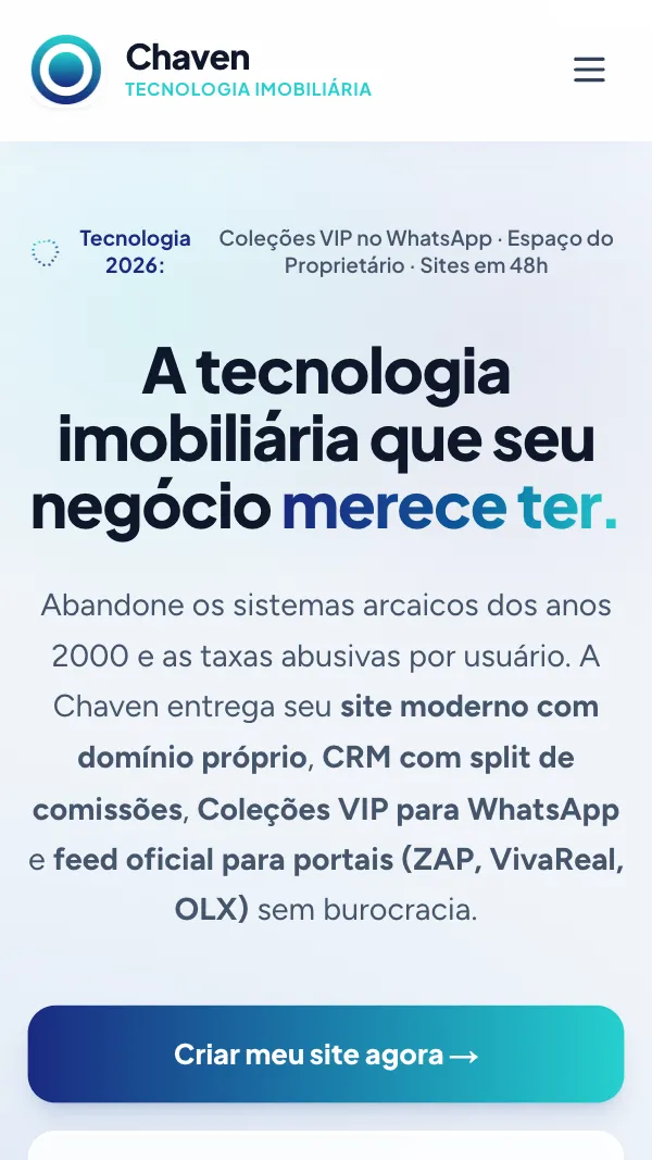 Home da Chaven: site moderno com domínio próprio, CRM e anúncios nos portais para imobiliárias