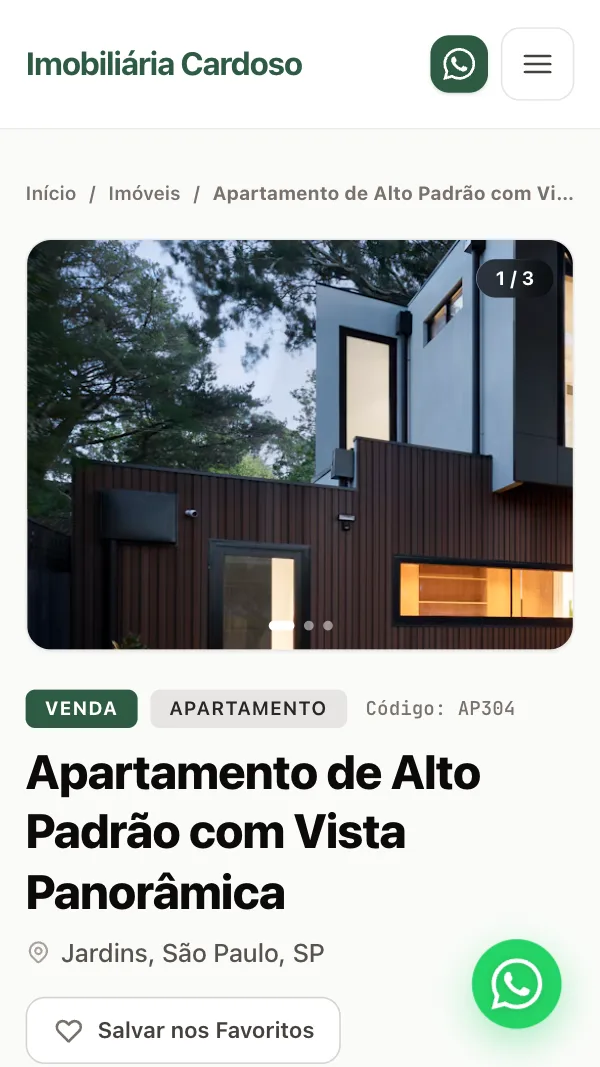 Página de um imóvel no site da imobiliária, feita na Chaven, com galeria de fotos e botão de WhatsApp