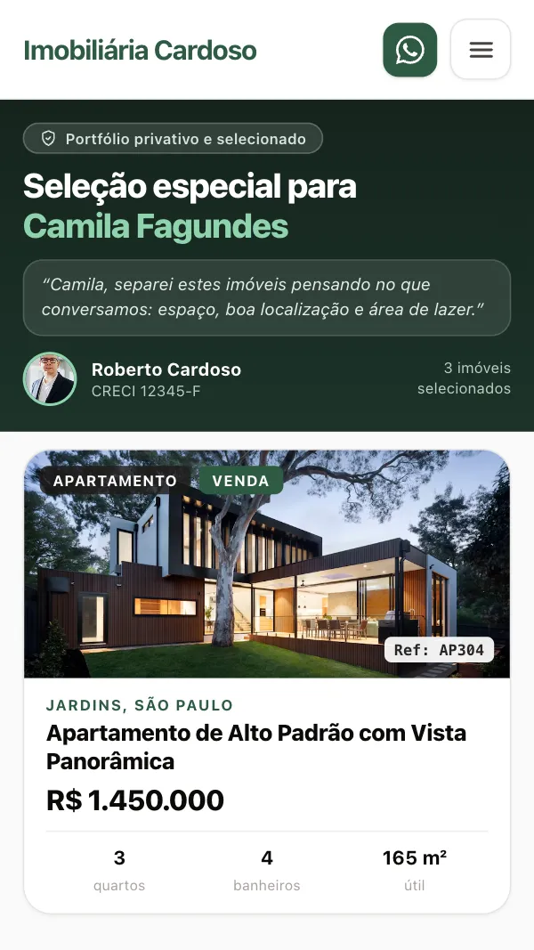 Coleção VIP da Chaven com imóveis selecionados para enviar ao cliente pelo WhatsApp
