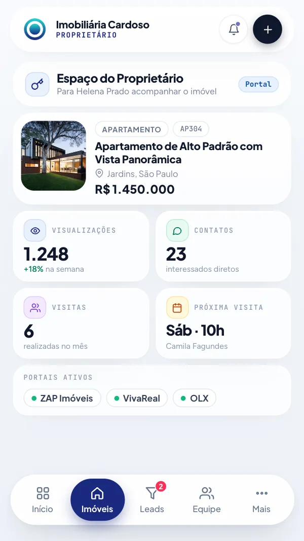 Espaço do Proprietário da Chaven com visualizações, contatos e visitas do imóvel