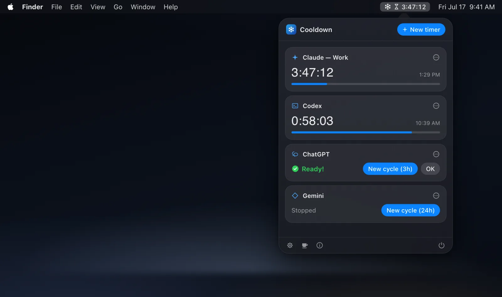 Cooldown na barra de menus do macOS, com timers para Claude, Codex, ChatGPT e Gemini