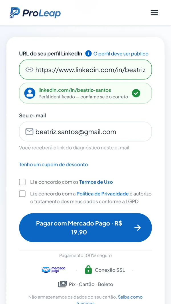 Formulário do ProLeap com o link do LinkedIn e o e-mail preenchidos