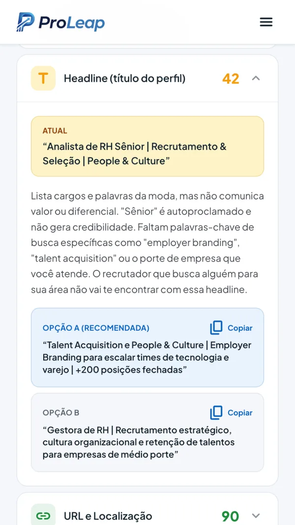 Headline atual e duas opções reescritas pelo ProLeap com botão de copiar