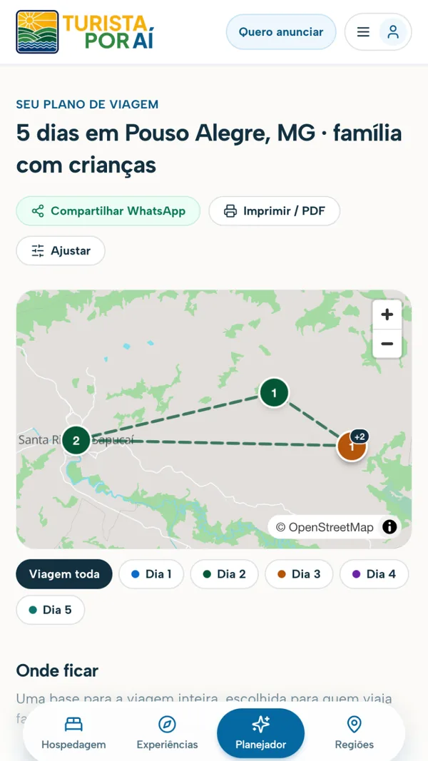 Planejador do Turista Por Aí com roteiro de 5 dias no mapa