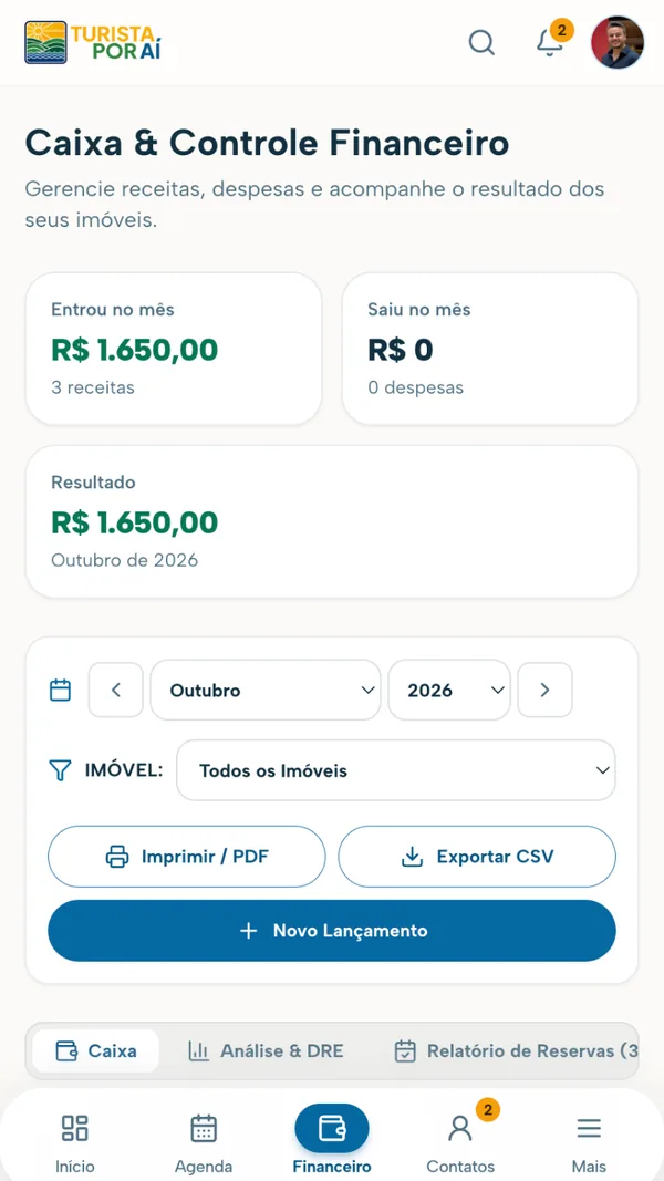 Caixa do anfitrião com entradas, saídas e resultado do mês