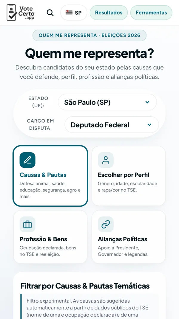 Who represents me screen, with filters by state, office, causes, profile, occupation, and alliances